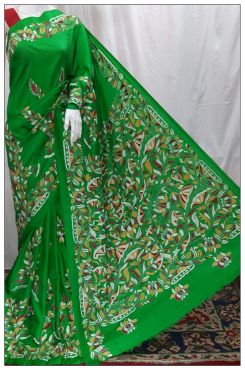 Vintage Kantha work Bangalore Silk Sarees (Parrot Green)