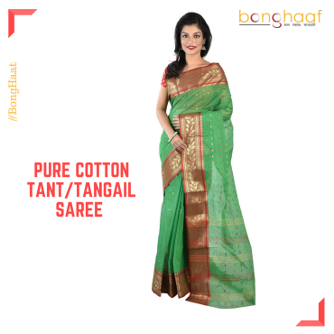 Pure Cotton Tant/Tangail Saree in Green and Thick Red Border with Gold Zari