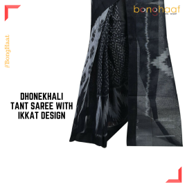 Pure Cotton Dhonekhali Tant saree with Ikkat design in Black